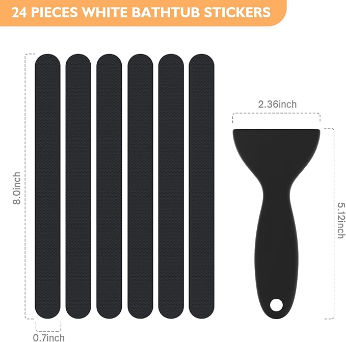 Non Slip Bathtub Stickers, 24 PCS Shower Stickers for Safety Bathroom Tubs, Bathtub Non Slip Stickers and Adhesive Decals Scraper for Bath Tub, Shower Floor, Stairs, Ladders(Black)