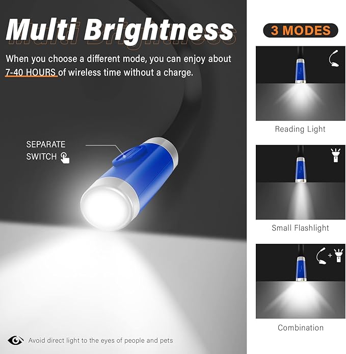 Vekkia Rechargeable LED Neck Reading Light, Book Lights for Reading in Bed, 3 Brightness Levels, Flexible Soft Silicone Arms Comfortable Wear, Long Lasting. Great for Readers, Craft & Knitting