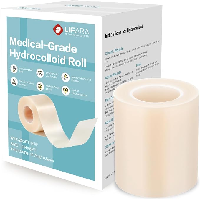 LIFARA Hydrocolloid Roll for Wound Care - Cut-to-Size, Extra Large Hydrocolloid Patch Bandages with Self-Adhesive, Waterproof, First Aid Kit Essential (2in*5ft, 19.7mils/ 0.5mm Thickness)