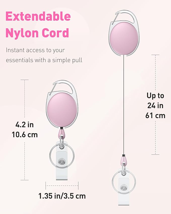 Uniclife 2 Pcs Retractable Badge Reel Keychain Clip for Badge Holder Pink | Heavy Duty, Stainless Steel Spring Coil, 24 Inch Nylon Rope, Carabiner Clip, Key Ring, Badge Holder Clip for Keys and ID Card