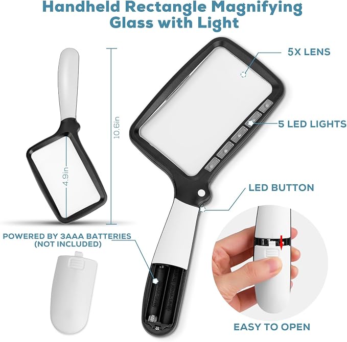 Folding Handheld Magnifying Glass with Light, 5X Large Rectangle Reading Magnifier with Dimmable LED for Seniors with Macular Degeneration, Newspaper, Books, Small Print, Lighted Gift for Low Visions