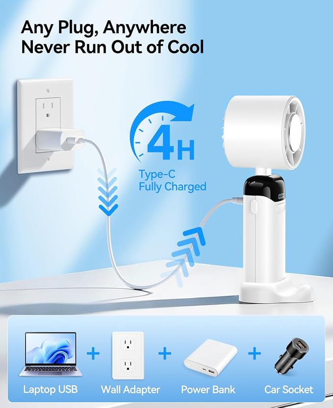 KIMMOO Handheld Portable Turbo Fan with Ice Cooler, Powerful 21000 RPM, Speed (1-199), Up to 14Hrs Cooling, Rechargeable Personal Fan, Small Pocket Hand Fans for Travel/Outdoor/Home/Office (White)
