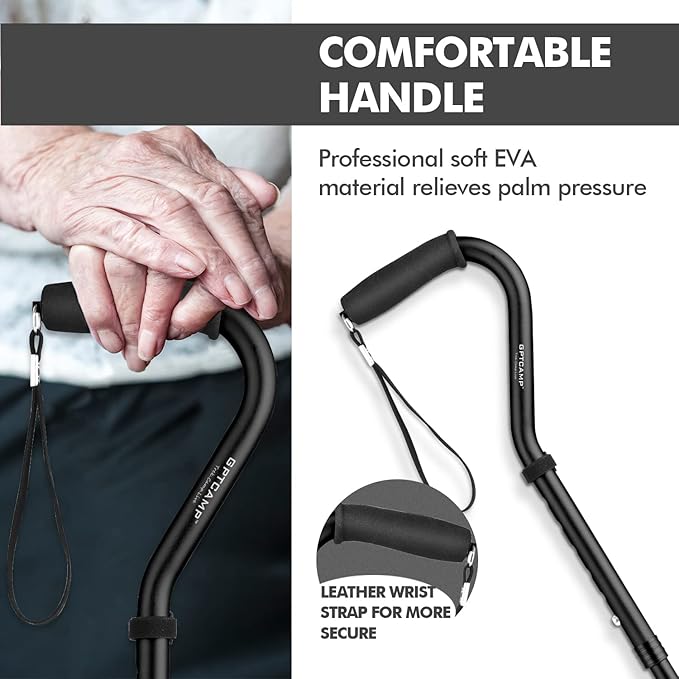 GPTCAMP G1 Walking Stick, Walking Cane for Women & Men with Wrist Strap, Lightweight & Sturdy Offset EVA Handle, Large Quad Base, Self Standing for Seniors and People with Injuries & Recovery