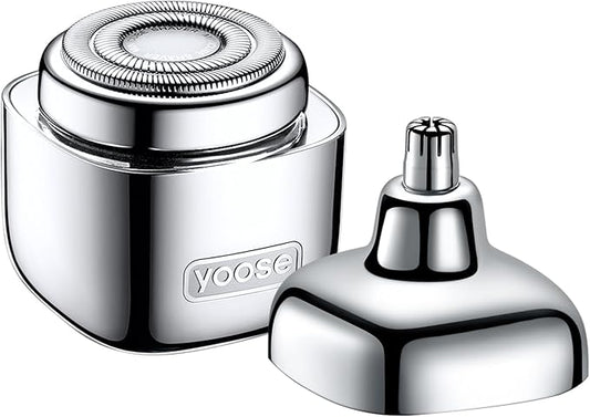 yoose 2-in-1 Grooming Tool for Men – Mini Electric Shaver & Nose Hair Trimmer, Alloy Unibody, Compact & Travel Ready, IPX7 Waterproof, USB-C Rechargeable for Quick Touch-Ups, Silver