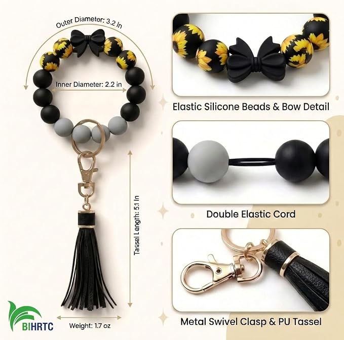 BIHRTC Key Ring Bracelet Car Keychain Holder Wristlet Silicone Women Beaded Bangle Chains