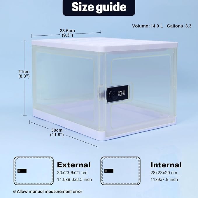 Large Lockable Clear Storage Box for Food, Tech and Home Safety, Medicine Lock Box for Safe Medication, Lockable Storage Bin, Refrigerator Storage Bins, Tablet Phone Jail (Clear)