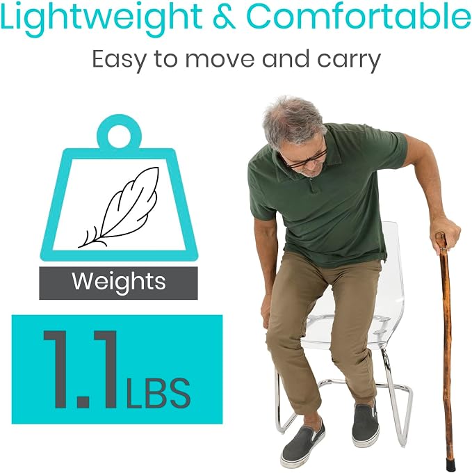 Vive Wooden Walking Stick Cane - for Men, Women, & Seniors - 36 Inch Single Point Rubber Tip with Willow Handle - Ergonomic Grip for Balance & Stability - Lightweight Elderly Assistance Product