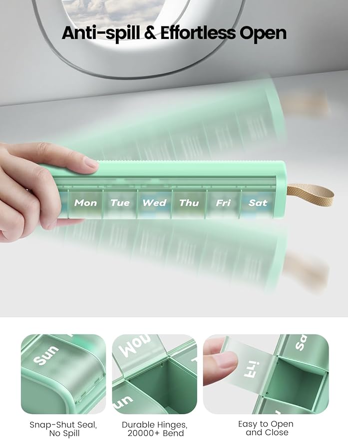 Weekly Medicine Pill Organizer, 7 Day Daily Pill Box Case Travel with Portable Handle, Moisture-Proof Desiccant & Secure Hinges for Vitamins, Medication Supplements