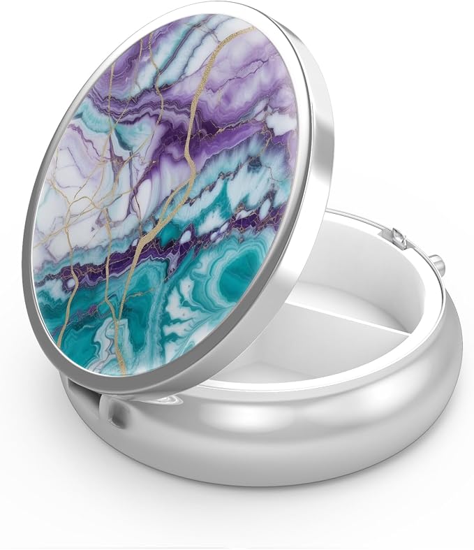 Pill Box 3 Compartment Small Pill Case,Portable for Pocket or Purse Pill Organizer Pill Container Holder to Hold Vitamins, Medication, Fish Oil and Supplements(Teal Blue Marble)