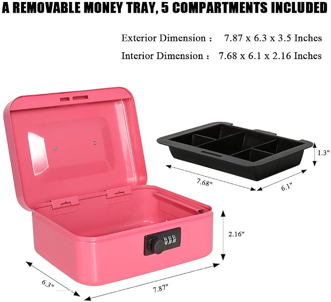 Jssmst Medium Cash Box with Combination Lock - Durable Metal Cash Box with Money Tray Pink,7.87 x 6.3 x 3.35 inches,CB0704M