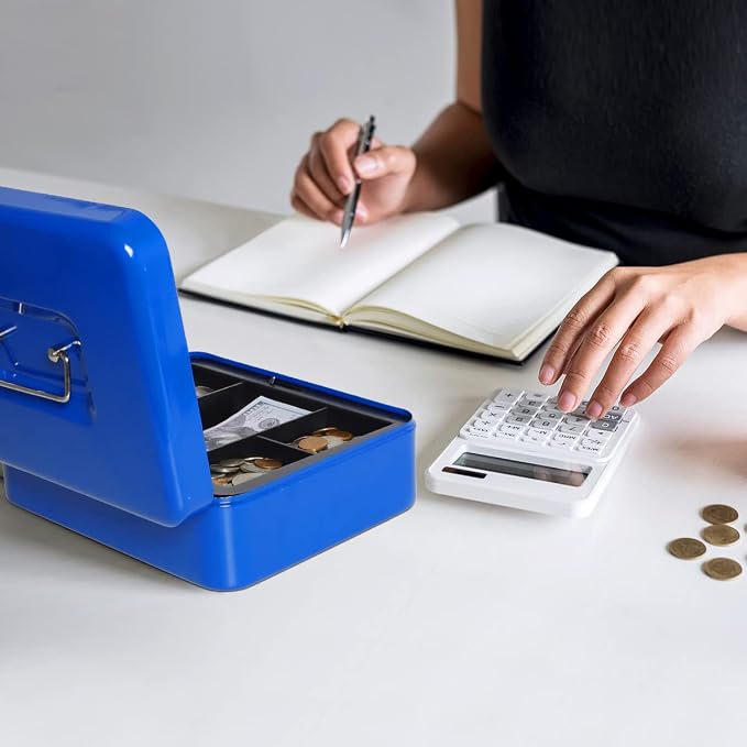 Jssmst Cash Box with Tray - Cash Box with Key Lock Safe Money Box with Cash Tray, Money Saving Box Lock Box for Money, 9.84'' x 7.87'' x 2.6'', Blue