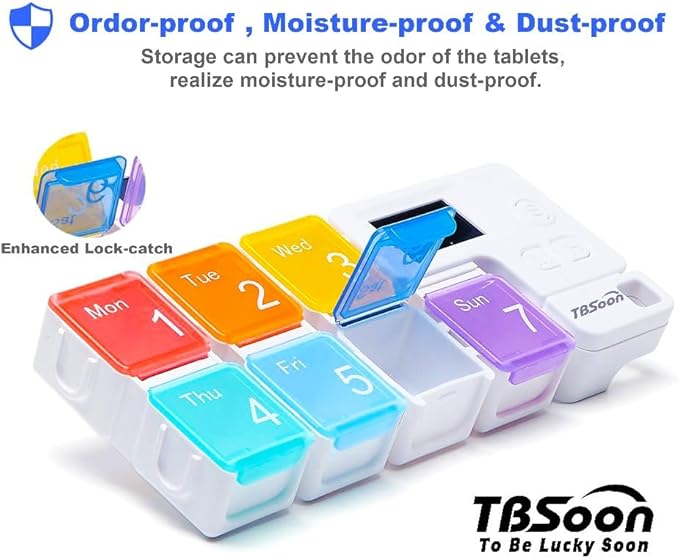 7 Day Medicine Pill Organizer, 4 Reminder Alarms, Loud Sound, 7 Large Compartments, Large Screen, Moisture-Proof, Dust-Proof, Travel Weekly/Daily Pill Box/Organizer/Case/Container/Dispenser, TBSoon