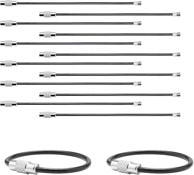 12 Pack 4" Key Ring Wire Keychain Cable Keyring Keychain Holder Clips Small Loops for Car Keys, Luggage Tags, Bag Tags, Crafts (Black, 2mm)