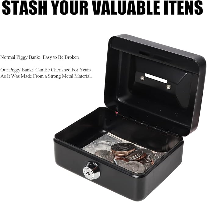 Small Cash Box with Lock and Slot - Jssmst Metal Coin Bank Small Lock Box, Black(SMCB0301N)