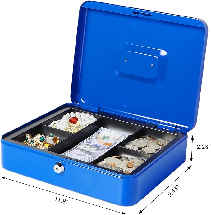 Jssmst Large Cash Box with Key Lock - Durable Metal Cash Box with Money Tray, 11.81 x 9.84 x 3.46 inches (X-Large, Blue)
