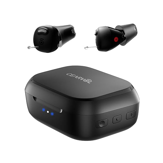 Nano Case Control OTC Hearing Aids Rechargeable, 3 Hearing Programs Feedback Cancellation Noise Reduction 54 Hours Battery Comfort-Fit ITC Design, Midnight Color