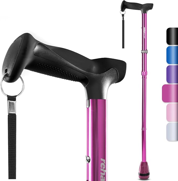 Rehaescort Walking Cane, Folding, Adjustable, Lightweight, Walking Canes for Men & Women, Soft Ergonomic Handle, Heavy Duty All Terrain Tip, Walking Sticks for Seniors & Adults with Travel Bag