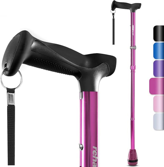 Rehaescort Walking Cane, Folding, Adjustable, Lightweight, Walking Canes for Men & Women, Soft Ergonomic Handle, Heavy Duty All Terrain Tip, Walking Sticks for Seniors & Adults with Travel Bag