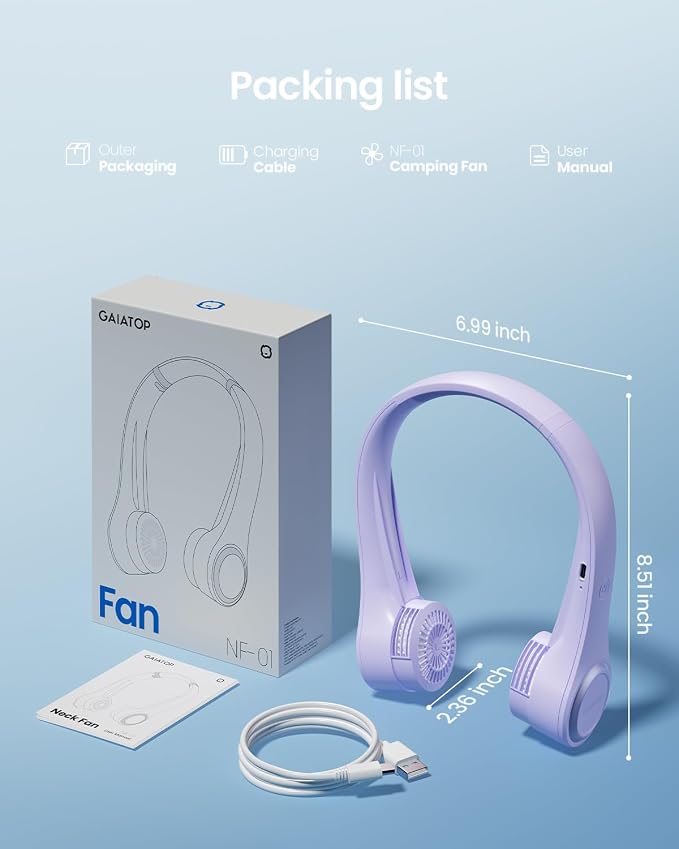 Gaiatop Portable Neck Fan, 4000mAh Rechargeable Hands Free Bladeless Mini Fans, 3 Speeds Air Outlet Can Rotate 70°, Free Adjustment Personal Wearable Cooling Fan Suitable for Travel Office Purple