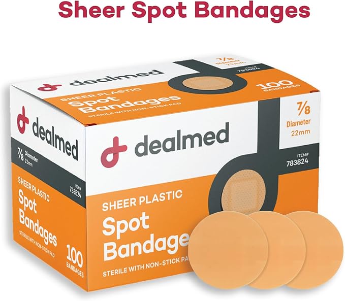 Dealmed Sheer Plastic Spot Bandages – 7/8” Small Round Sterile Strips, Adhesive Outer with Non-Stick Pad, Latex Free, Wound Care for First Aid Kit, 100 per Box (24 Pack)