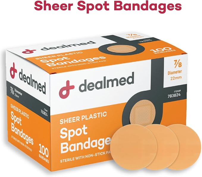 Dealmed Sheer Plastic Spot Bandages – 7/8” Small Round Sterile Strips, Adhesive Outer with Non-Stick Pad, Latex Free, Wound Care for First Aid Kit, 100 per Box (1 Pack)