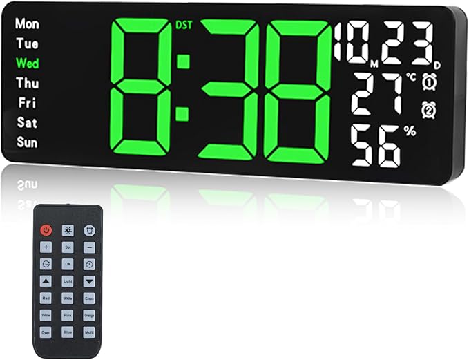 Digital Wall Clock Large Display, 17.3" Digital Clock with RGB Color Remote Control, Auto-Dimming Big Wall Clock with Night Light,Auto DST,Date Week,Temp for Home Decoration, for Elderly (Green)