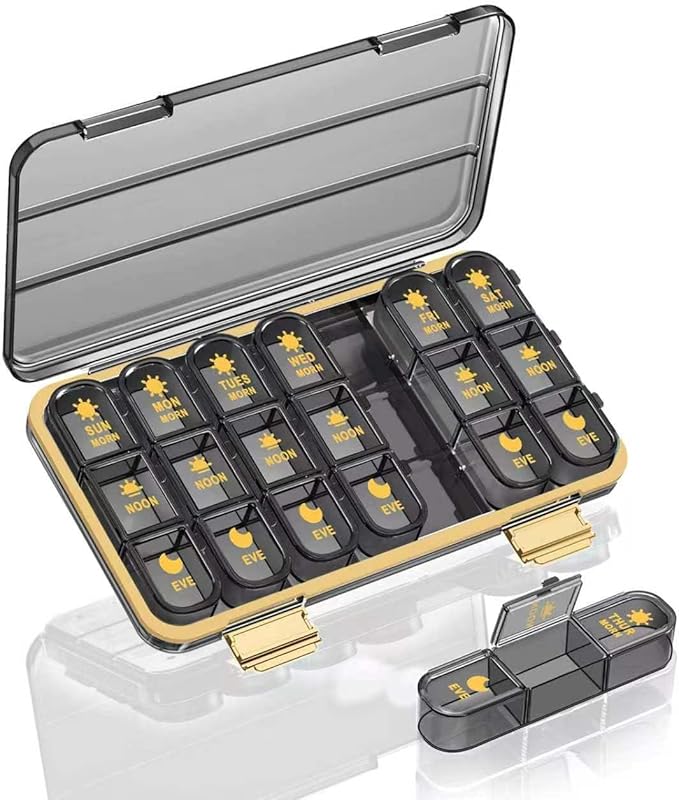 Acedada Weekly Pill Organizer 3 Times A Day, Large 7 Day Pill Box 3X A Day, Portable Medicine Container with 21 Compartments, Daily Travel Pill Case for Vitamins Supplements Fish Oils, Black