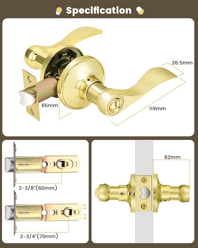 Gobrico Drop Bed and Bath Door Locks Privacy Levers for Interior Door,Polished Brass Finished,Thumb-Turn Button on Interior Lever,3Pack