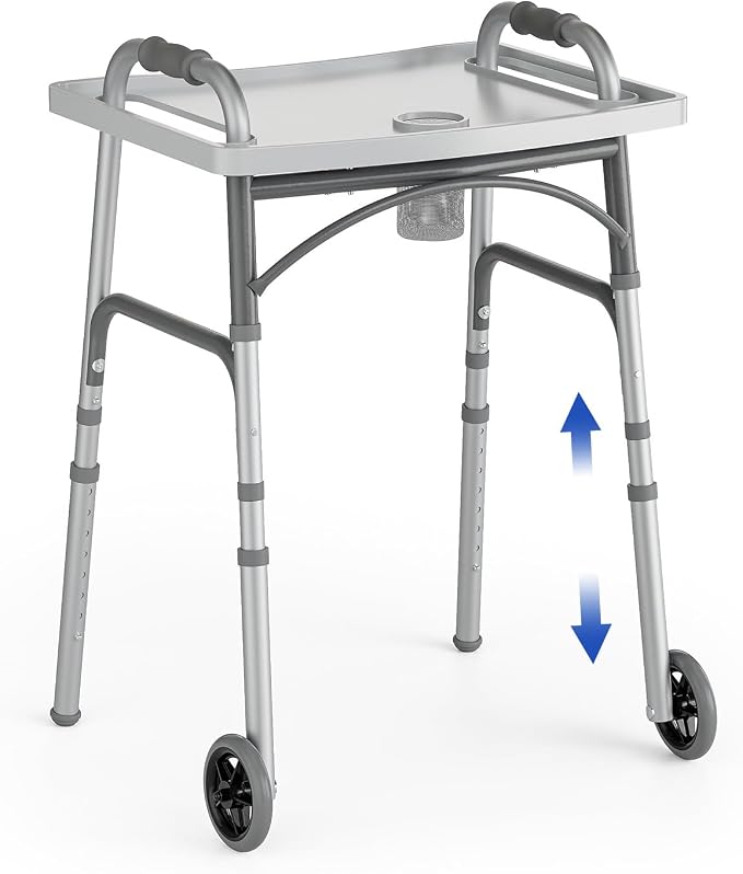 Loyoda Folding Walker with Tray for Seniors, Walker with 5" Front Wheels | Lightweight Aluminum 2-Wheel Walker, Height Adjustable Standard Walkers, 350 lbs