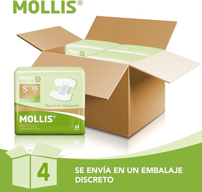 MOLLIS Adult Diapers for Women and Men, Unisex Disposable Incontinence Briefs with Tabs, Odor Control, Small, 60 Count (4 Packs of 15)