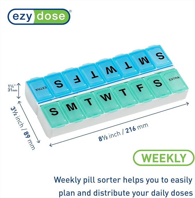 EZY DOSE Weekly (14-Day) Pill Organizer, Vitamin and Medicine Box, Large Snap Compartments, Easy-To-Open, BPA Free, Blue and Green