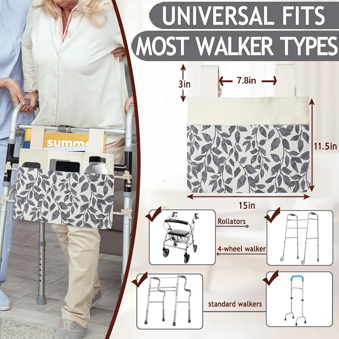 Walker Bag, Washable Walker Accessories Storage Bags with Cup Holder, Handy Walker Basket Pouch Tote Bag for Folding Walker, Wheelchairs, Strollers (Black Leaves)