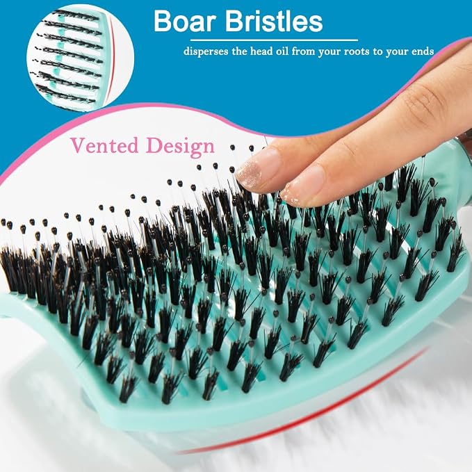 Boar Bristle Brush Set - Dry/Wet Detangler for Fine, Thick, Curly Hair - Curved and Vented Brush for Women, Men or Kids