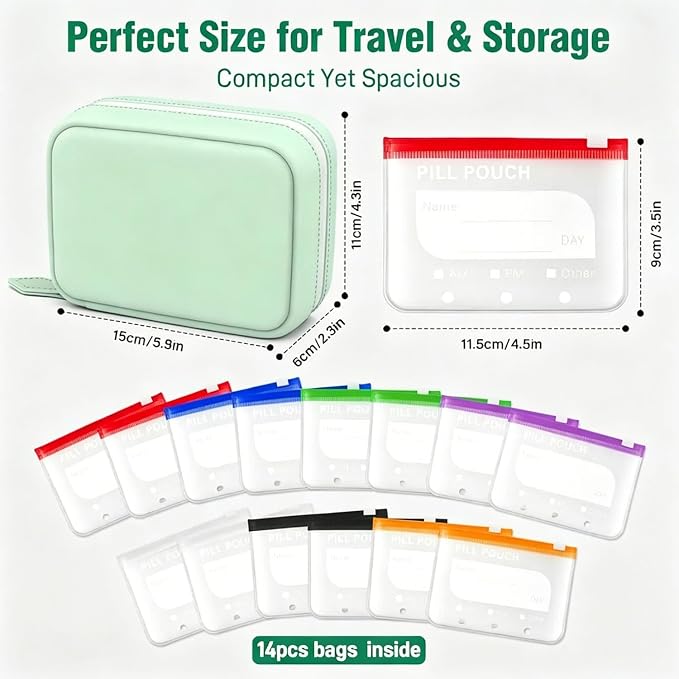 Waterproof Pill Organizer Set, Pill Pouch Organizer Binder, Waterproof Pill Pouch Set, Travel Medicine Organizers with 14 Color-Coded Pouches, Leakproof Reusable Zippered Storage Case(Green)