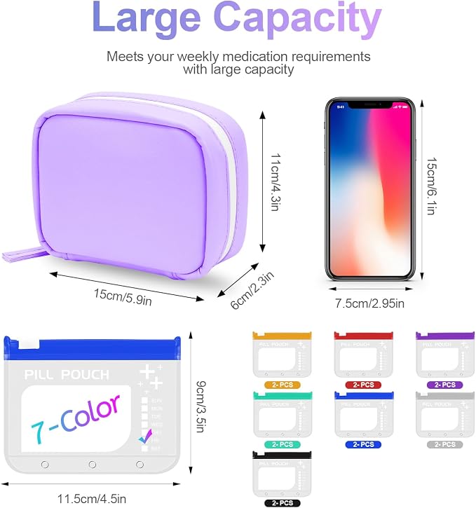 A8 Waterproof Pill Organizer Set, Twice-Daily Large Pill Organizer for Seven Days, Pill Storage with 14 Color-Coded Pouches, Reusable Travel Medicine Organizer