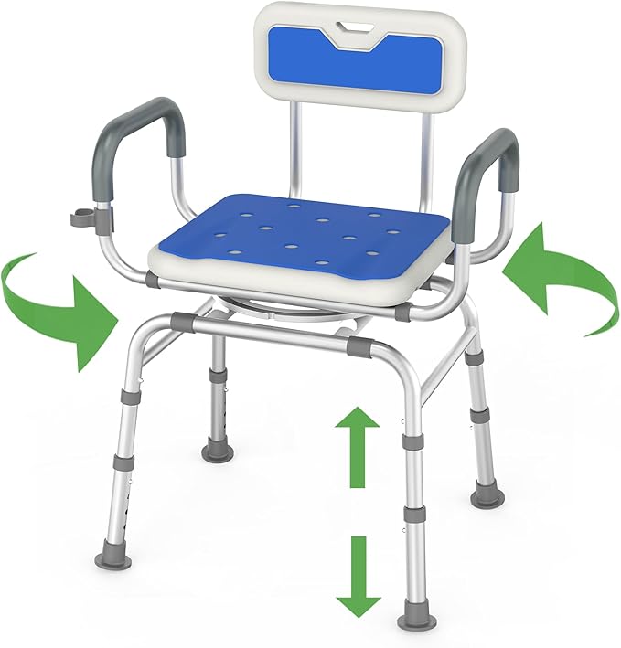 360 ° Swivel Shower Chair,Portable Rotating Shower Seat with Padded Armrests and Backrest, Adjustable Bathtub Height Seat,Support 400lbs