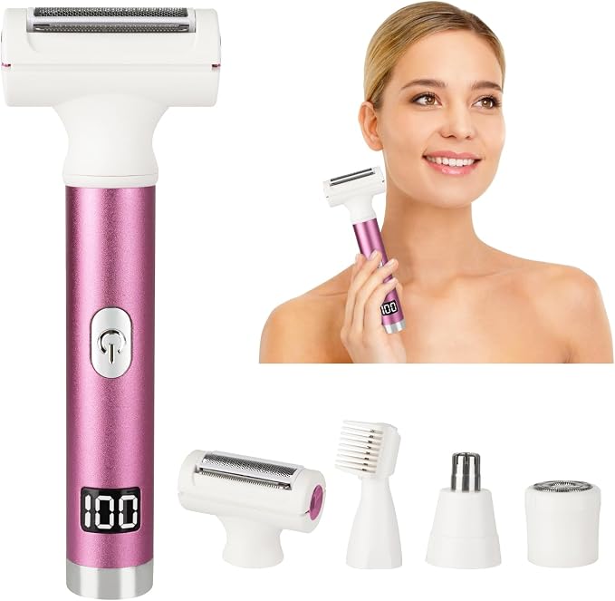 Wet & Dry Electric Razor for Women Men,4 in 1 Rechargeable Led Display Electric Shaver and Facial Hair Remover,Painless Ladies Body Razors for Nose Face Body Leg Bikini Arm Hair (White & Pink)
