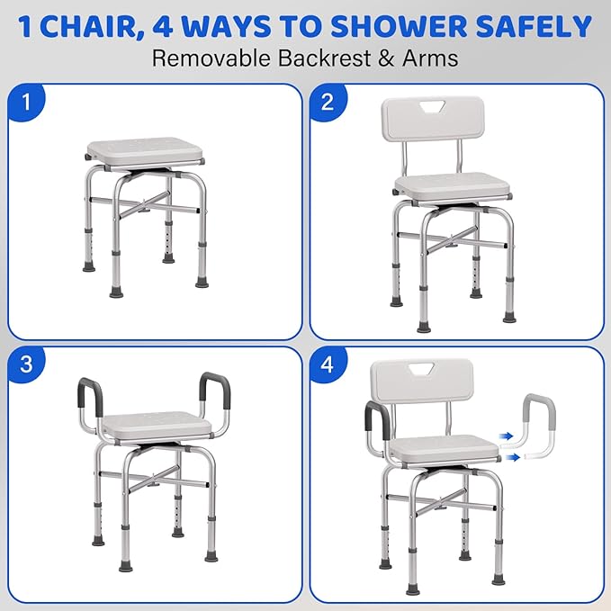 360° Swivel Shower Chair for Inside Shower, 500lbs Swivel Shower Chair with Arms and Back, Adjustable Height Shower Chair for Elderly and Disabled with Stable Non-Slip Design Bathroom Tub Stool