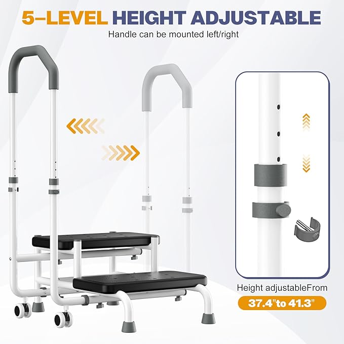 2 Step Stool with Handle for Elderly, 2 Lockable Wheel - Bed Steps for High Beds for Adults, 4.3 in Widened Spacing, 5 Level Adjustable Handrail, Foot Stool, for Bedside, Kitchen, RV, Bathtub