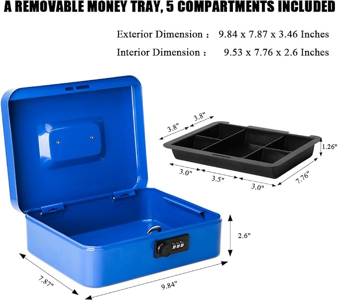Jssmst Large Cash Box with Combination Lock – Durable Metal Cash Box with Money Tray Blue(9.8 x 7.9 x 3.5), SM-CB07002L