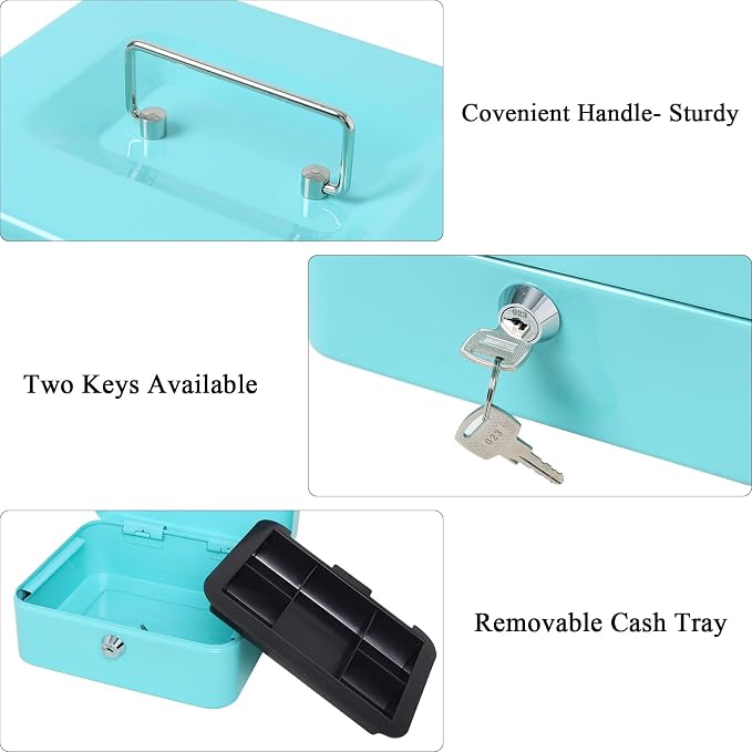 Jssmst Cash Box with Key Lock - Durable Metal Cash Box with Money Tray, Light Blue, Medium