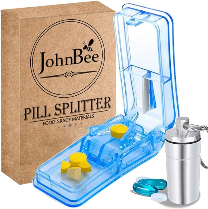 JohnBee Pill Cutter | Best Pill Cutter for Small or Large Pills | Designed in The USA| Cuts Vitamins | Includes Keychain Pill Holder (Blue) | pill splitter for small pills or 0.8" large pills
