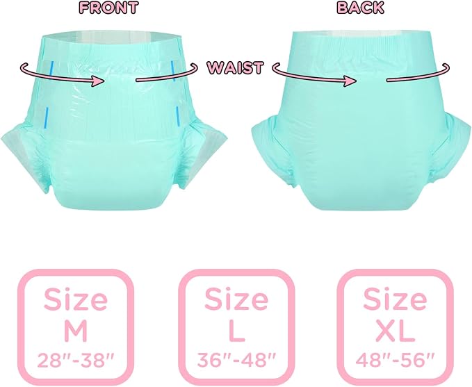 Littleforbig Adjustable Tapes Adult Diaper 10 Pieces - ABDry Ultra Absorbent Diapers 6500 mL Green (X-Large 48"-56")