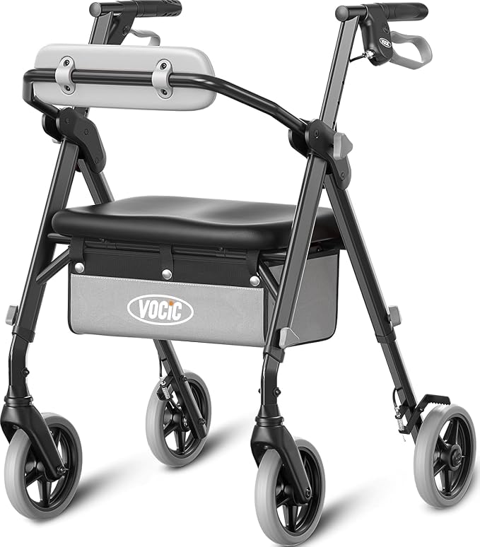 VOCIC Z11 Rollator Walker for Seniors with Seat, 380 LBS | Lightweight Design with Ergo Seat & Backrest, Height Adjustable & Easily Foldable for Seniors' Mobility, Blue