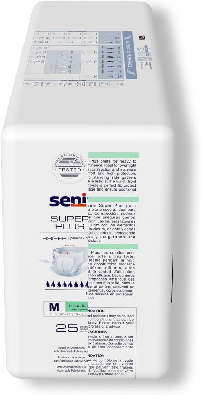 Seni Super Plus Unisex Adult Incontinence Briefs with tabs, Size M (30"-43"), 25 Count (1 Pack of 25), Heavy to Severe Absorbency, Disposable Overnight Brief for Men & Women