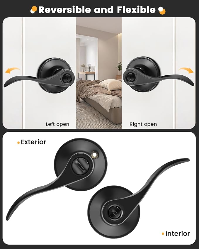 Gobrico 8 Pack Matte Black Privacy Bed/Bath Door Handle Levers, Reversible Keyless Wave/Drop Style Zinc Alloy Knob for Interior Doors