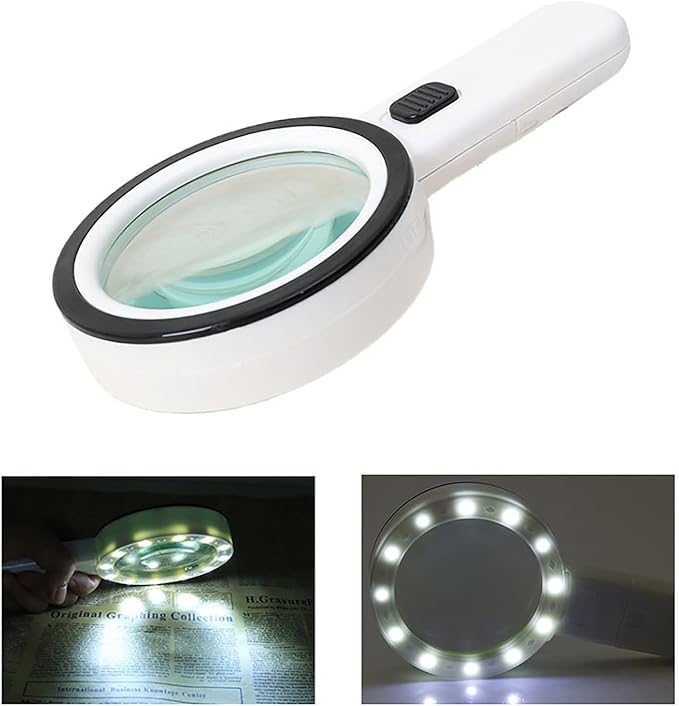 Magnifying Glass with 12 LED Lights, Double Glass Lens Handheld Illuminated Magnifier Reading Magnifying Glass with for Macular Degeneration Seniors Reading Inspection Coins Jewelry