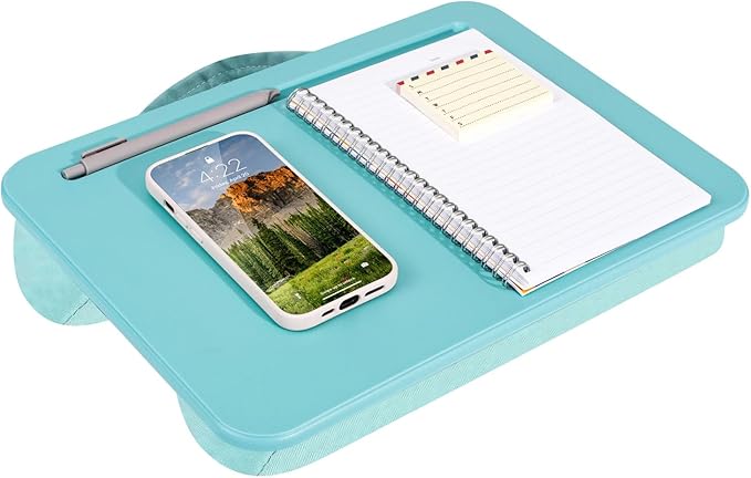 LAPGEAR Compact Lap Desk – Aqua Sky, Fits 14" Laptops | Microbead Cushion, Built-In Pencil Slot, Carry Handle, Fits Standard Letter-Size Paper (8.5" × 11")