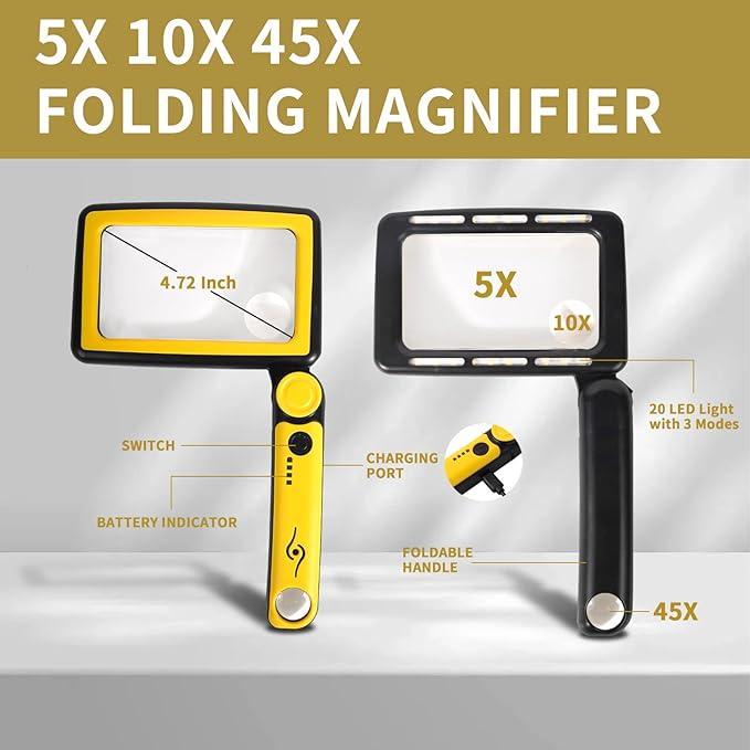 Magnifying Glass with Light, 5X 10X 45X Rechargeable Magnifier with 20 LED, 3 Light Modes Folding Lighted Magnifying Glass Handheld for Seniors Low Vision Reading (Yellow & Black)
