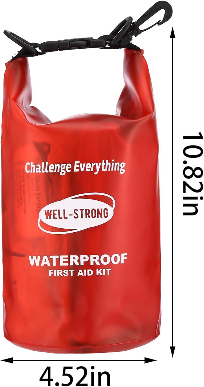 WELL-STRONG Dual Waterproof Boat First Aid Kit, Emergency Marine Kit with Buckles, Compact Boat Safety Accessories for Fishing Kayaking Boating Swimming Camping Rafting Beach Transparent Red